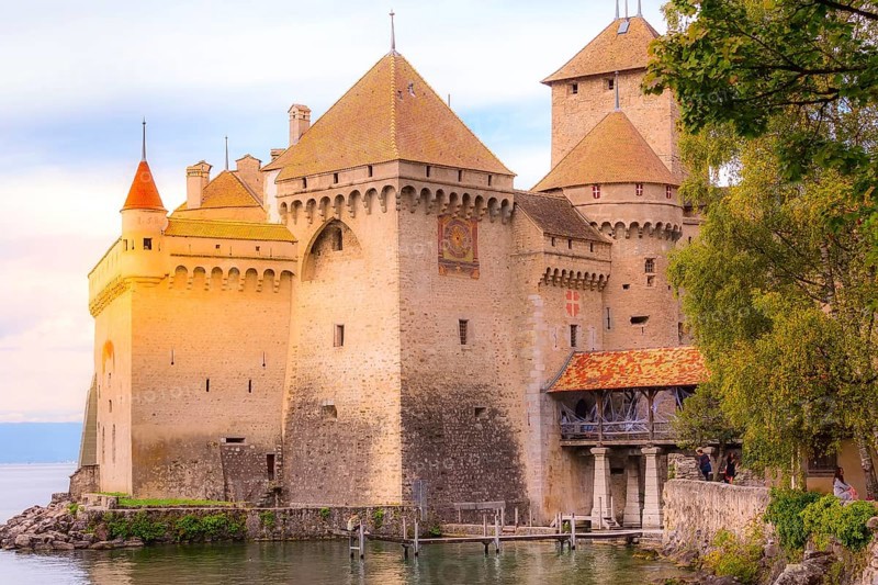 Montreux, Switzerland, October 12, 2019: People near Chillon castle on the Leman lake