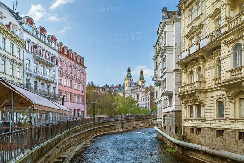 Embankment of Tepla river in the center of Karlovy Vary, Czech republic