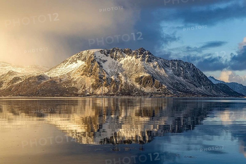 Lofoten wall reflection at the E10 near Kleppstad, Lofoten, Nordland, Norway