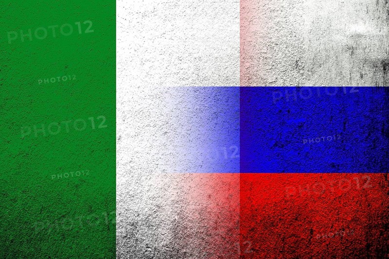 National flag of Russian Federation with National flag of Italy. Grunge background