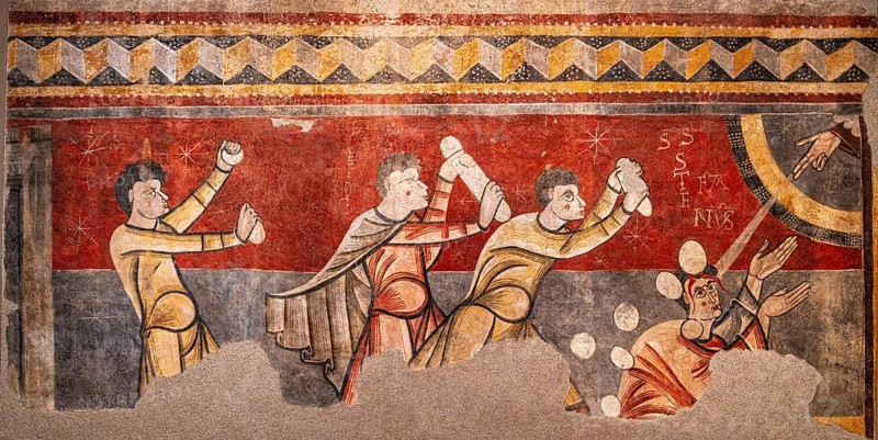 Stoning of Saint Stephen, Romanesque fresco, circa 1100, Church of Sant Joan de Boí, Alta Ribagorça, National Museum of Catalonia, Barcelona, ??Catalonia, Spain