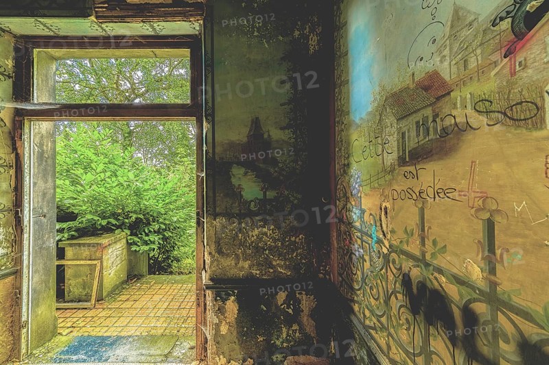 An abandoned room with dilapidated walls and an open door leading to nature, Château d'Ah, Lost Place, Andenne, Province of Namur, Belgium