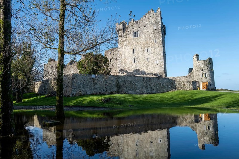 A view of Ross Castle and reflection in Killarney on a beautiful morning in early November. Killarney, County Kerry, Ireland