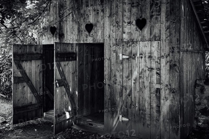 Open doors to old wooden outhouses. Romania