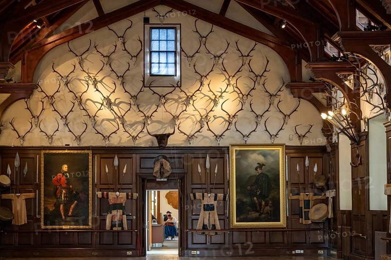PITLOCHRY, PERTHSHIRE, SCOTLAND, UK, MAY 28. The Ballroom of Blair Atholl Castle near Pitchlochry in Scotland on May 28, 2024. Two unidentified people