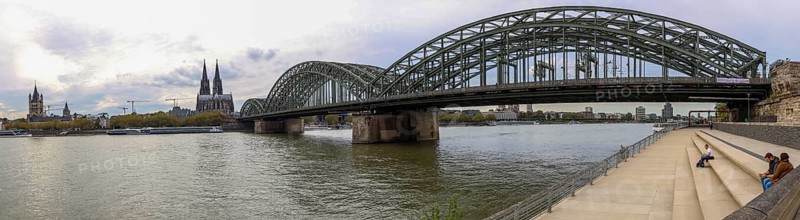 Panoramic photo of the Catholic Church of St Martin, Cologne Cathedral, Hohenzollern Bridge, Kennedy Embankment and the Rhine, Cologne, North Rhine-Westphalia, Germany