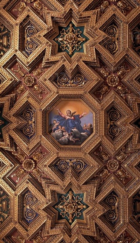 Rome, Roma, Santa Maria in Trastevere, detail of the wooden ceiling by Domenichino 1617