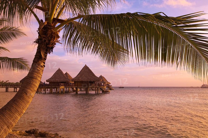 French Polynesia, Hua Hin, Rangiroa. Sunset, Kia Ora Resort, Rangiroa