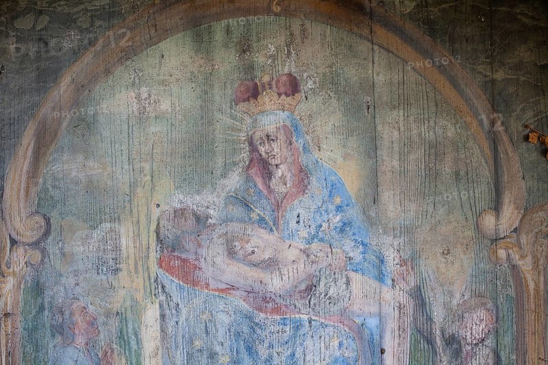 Mary holding the dead Jesus, painted wooden panel, detail, gravestone, Waasenkirche cemetery, Leoben, Styria, Austria