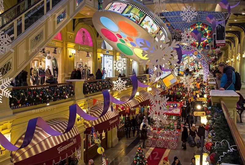 Moscow, Russia, December 2, 2018: New Year and Christmas decorations in the galleries of the Main Universal Store