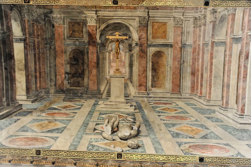 Vatican Museums, Vatican City, Vatican, Rome, Lazio, Italy, An impressive fresco shows a cross in an ancient architectural setting, Vatican, Rome, Lazio, Italy