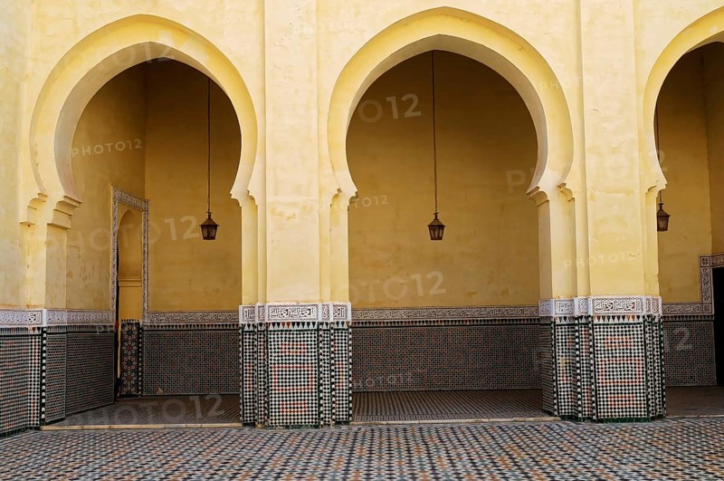 Meknes, Morocco, Africa, Yellow arches with detailed mosaic tiles, On the way to Fes