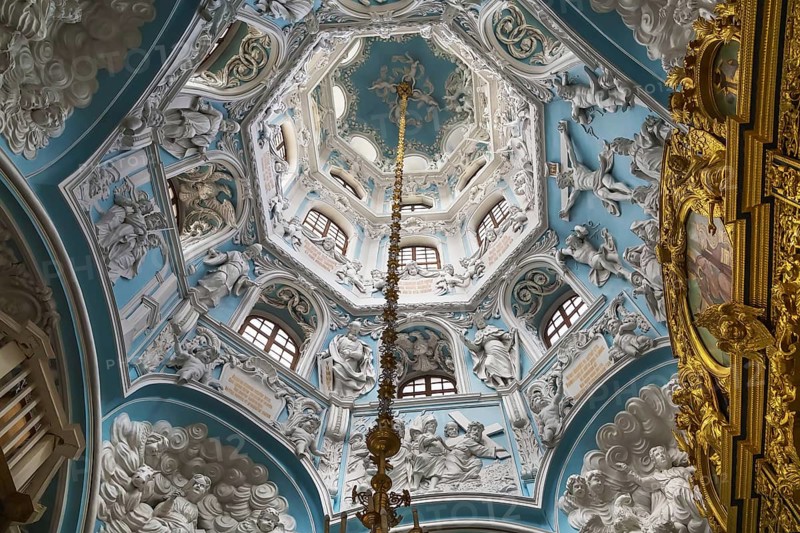 The Church of the Holy Sign of the Mother of God is a Russian Orthodox church in the village of Dubrovitsy, Podolsk, Russia. Interior with dome
