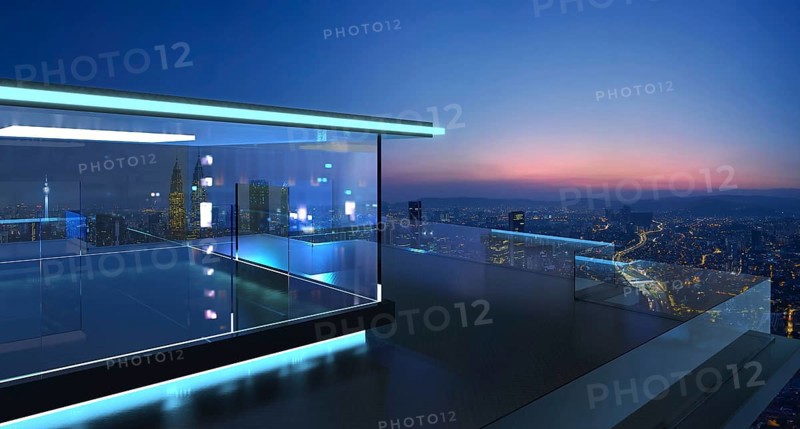 3D rendering of a modern glass balcony with city skyline real photography background, early morning scene . Mixed media