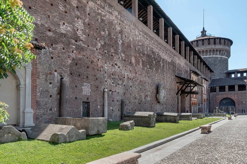 Inside the Sforza Castle (Castello Sforzesco) in Milan (ITALY). One of the main travel attractions of Milan, this castle was built in 15th century by Duke of Milan Francesco Sforza. Milan, ITALY - June 22, 2020