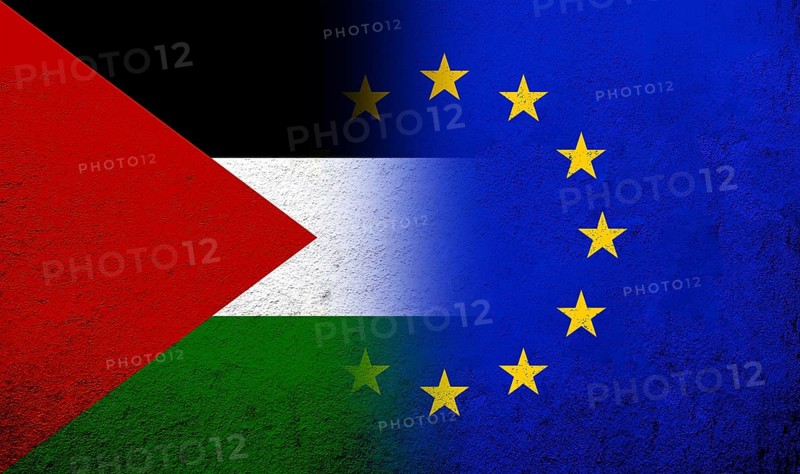 Flag of the European Union with Flag of Palestine. Grunge background