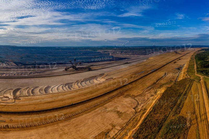 Panoramic view of Hambach surface mine and Hambach Forest, Germany. Drone photography