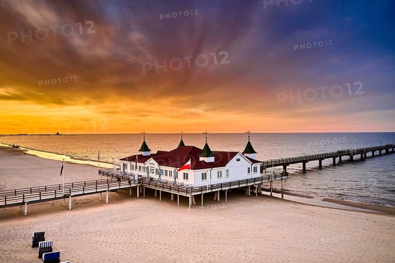 Drone view of famous old pier of Ahlbeck on island of Usedom in the baltic sea