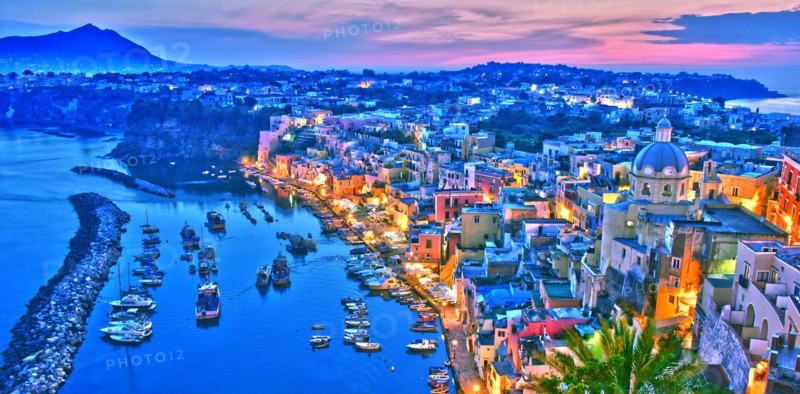 Panoramic view of Procida Island, a comune of the Metropolitan City of Naples, Campania, Italy
