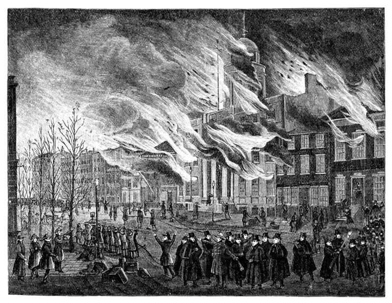 The Great Fire of New York in 1835. Vintage engraving from Harpers Monthly magazine 1881. by the virtue of age
