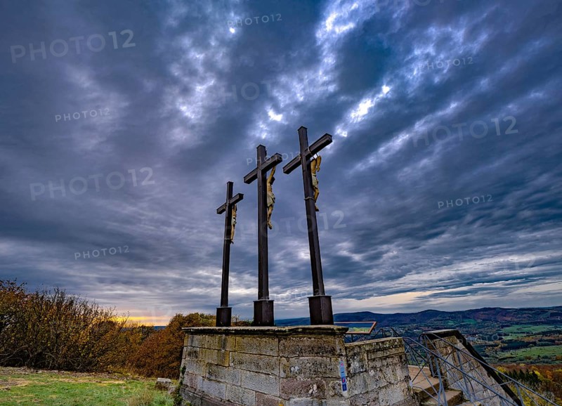 Crucifixion group, three crosses on the Kreuzberg in the Rhön, 12th station of the Way of the Cross from the Kreuzberg monastery, which is modelled on the Way of the Cross in Jerusalem, Bischofsheim i.d.Rhön, Bavaria, Germany