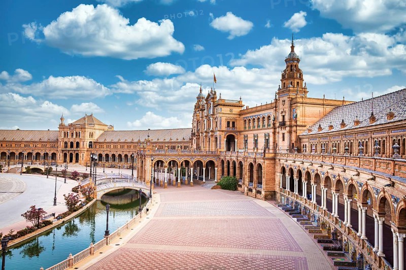 Spain, Seville. Spain Square, a landmark example of the Renaissance Revival style in Spanish architecture