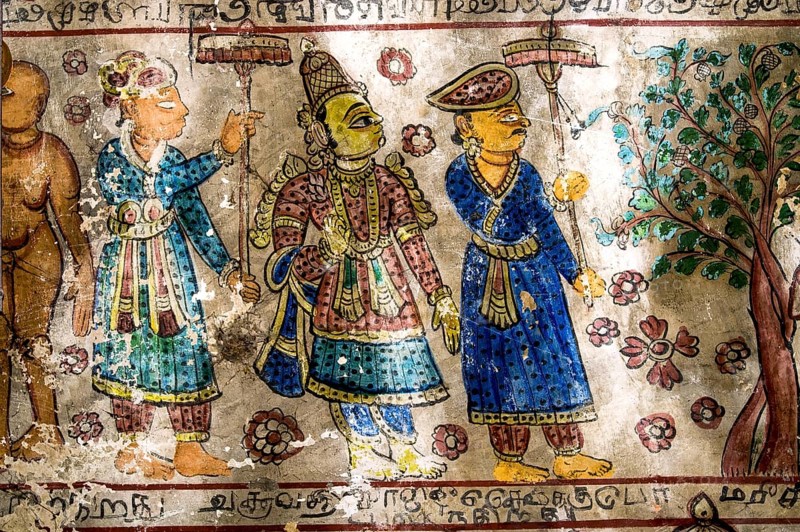 18th century Murals frescos paintings in Adinath Jain temple at Vidur village near Tindivanam, Tamil Nadu, South India, India, Asia