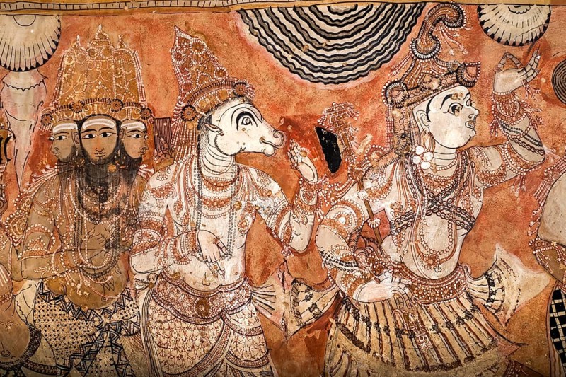 Lepakshi Temple has a colossal painting of Veerabhadra in the central hall, Lepakshi, Andhra Pradesh, India