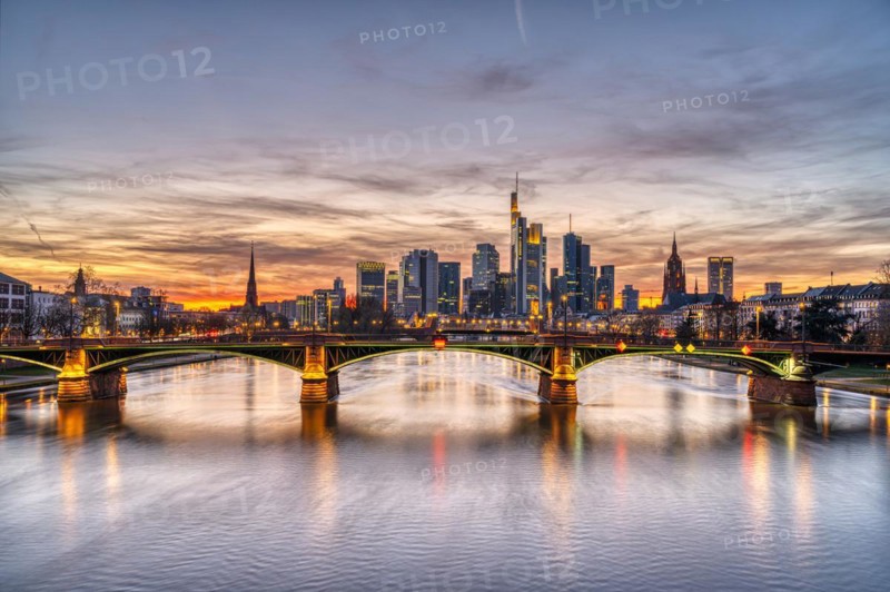 Beautiful sunset over Frankfurt's city centre and the River Main