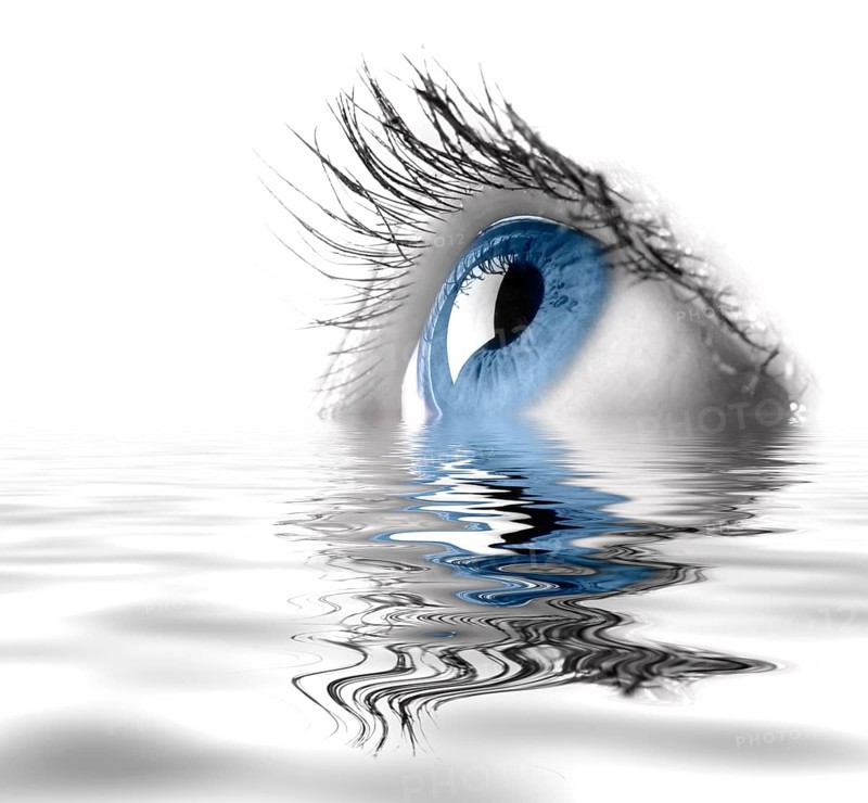 Blue female eye macro photography. Eyesight vision biometrics concept. Digital art effect of reflection in the water