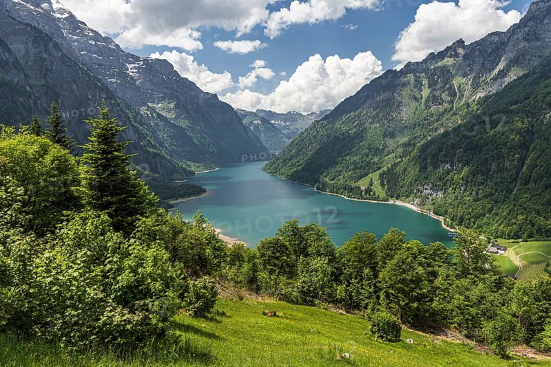 Panoramic view over the Klöntal and the Klöntalersee, Canton Glarus, Switzerland