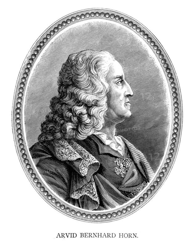 Count Arvid Bernhard Horn of Ekebyholm (April 6) (1664 ? April 17) (1742) was a Swedish soldier, diplomat and politician. He served twice as President of the Privy Council Chancellery (1710?1719 and 1720?1738) and was one of the leading figures of the Swedish Age of Liberty. Engraving by Ida Falander (1842-1927), published in Starbäck, Bäckström: Berättelser ur Svenska Historien ca 1880