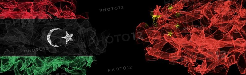 Flags of Libya and China on Black background, Libya vs China Smoke Flags