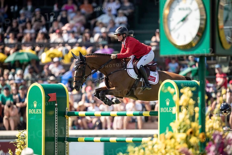 Jorne Sprehe of Germany and riding Sprehe Hot Easy compete in the first round of the 1.60m CPKC International during the Spruce Meadows Masters, presented by Rolex, in Calgary, Alberta, Canada, North America