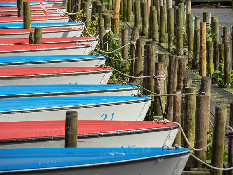 Several boats in red and blue moored at a jetty in the harbour, Bad Zwischenahn, ammerland, germany