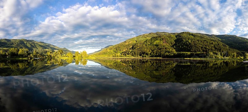 Clouds are reflected in the lake, Gaishorner See in the evening light, panoramic picture, Gaishorn am See, Paltental, Styria, Austria