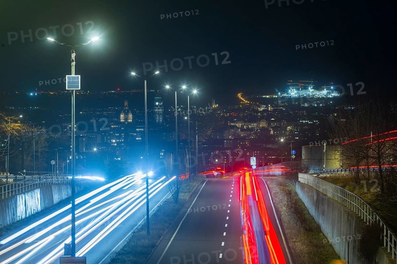 Well-developed traffic junction Bergstrasse B170 with access to the A17 motorway. Dresden lies in the valley and the Inifineon construction site shines on the horizon, Dresden, Saxony, Germany
