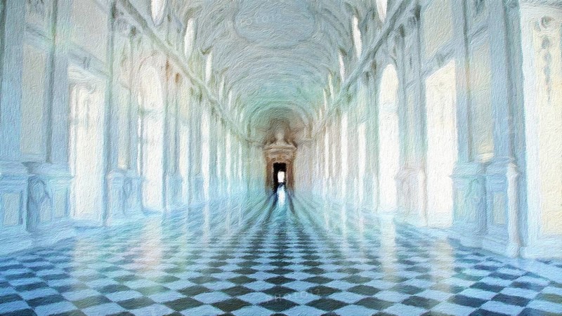 Creative illustration of Reggia di Venaria Reale gallery, Italy. Luxury marbles in baroque Royal Palace