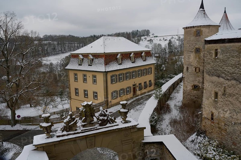 Medieval battlements at Comburg Castle, Benedictine monastery, Way of St James, Kocher Valley, Kocher, Schwäbisch Hall, Hohenlohe, Germany