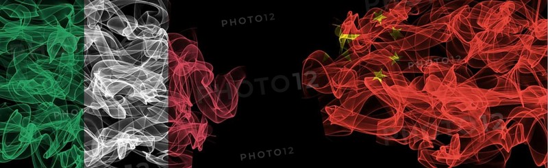 Flags of Italy and China on Black background, Italy vs China Smoke Flags