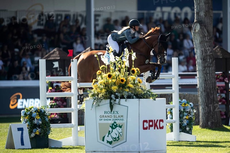 Jaydan Stettner of Canada and riding Ielinea JTL competes in the 1.45m Enbridge Cup at the Spruce Meadows, Masters, in Calgary, Alberta, Canada, North America