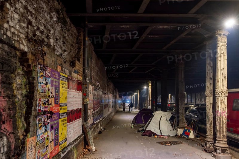 Germany, Berlin, 01.01.2025, New Year's Eve 2024, Gleimtunnel, tents of homeless people