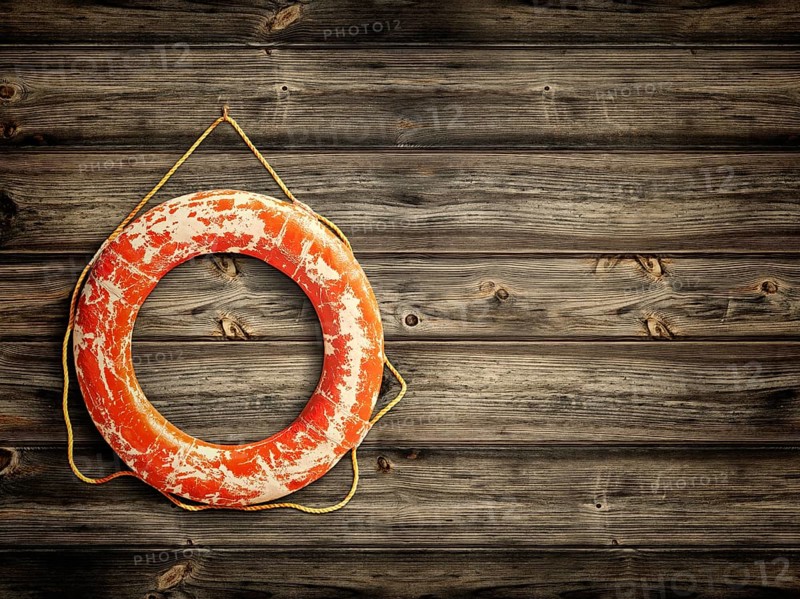 Lifebuoy at wooden background, copyspace for your text