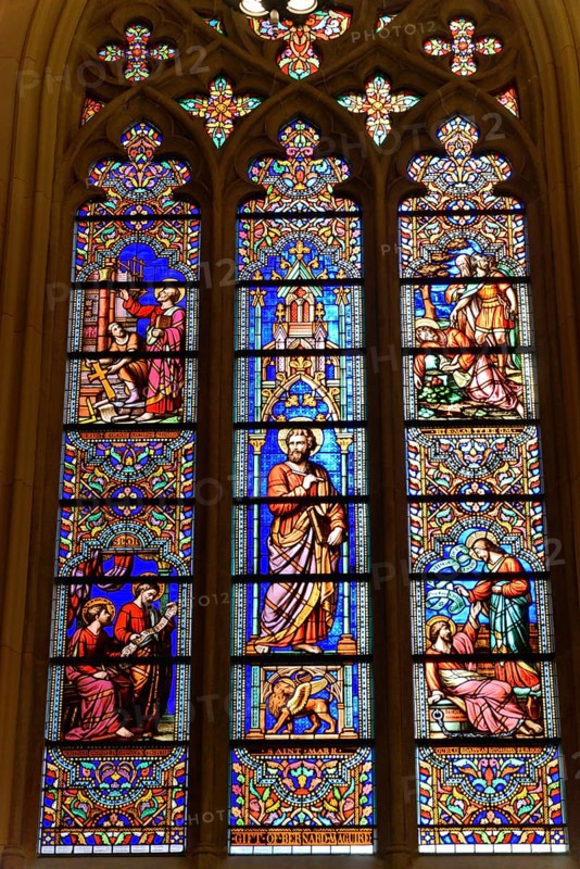 Saint Patrick's Old Cathedral or Old St. Patrick's, Lower Manhattan, Stained glass window with detailed biblical scenes in a magnificent ecclesiastical setting, Manhattan, New York, USA, North America