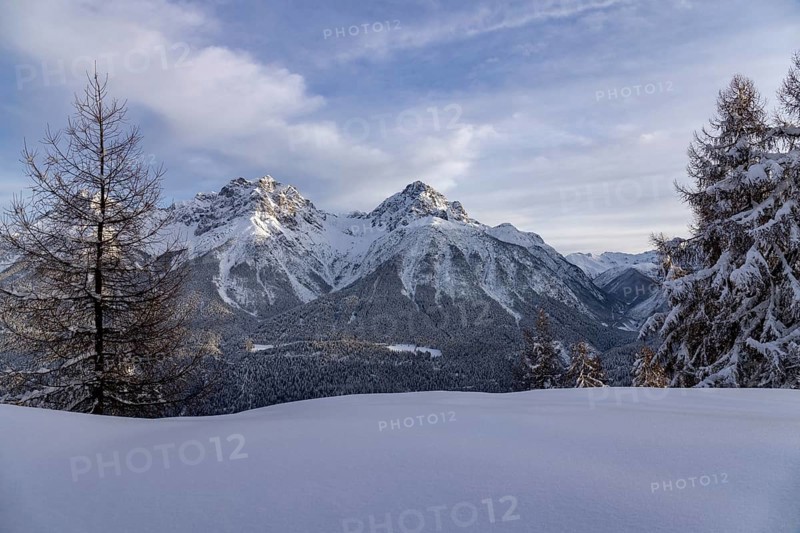 Deep snow at Motta Naluns, view into the Lower Engadine, Scuol, Engadine, Grisons, Switzerland