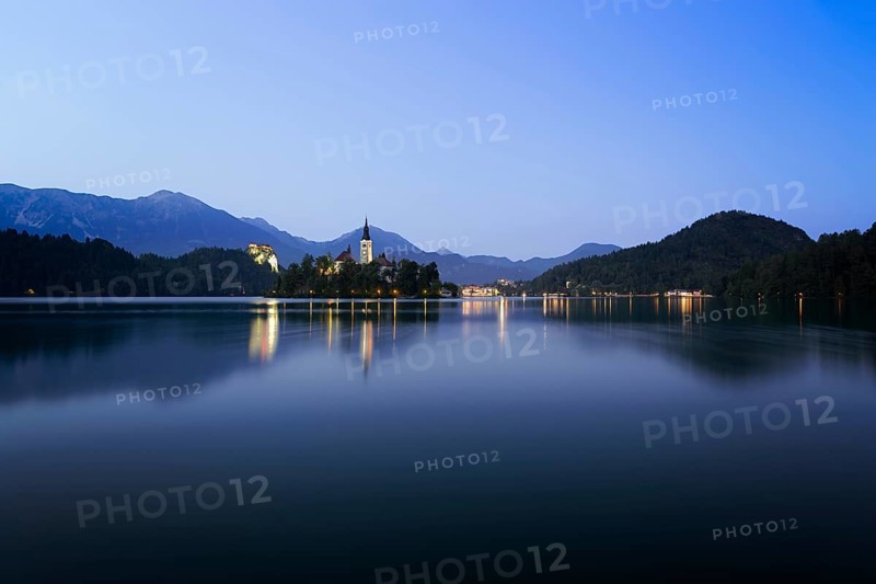 Dawn at lake Bled with blue skies, Slovenia