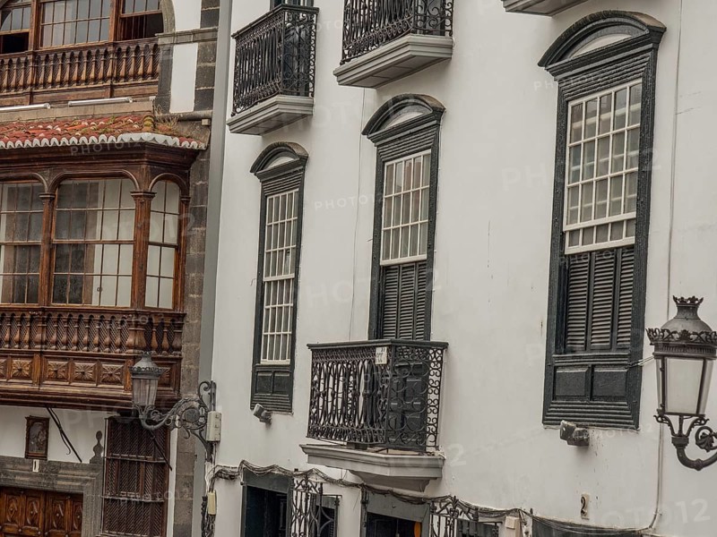 Street scene with historic buildings and balconies, la palma, canary islands, spain