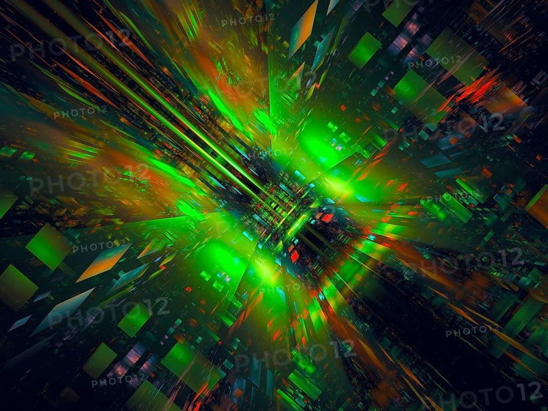 Abstract dark green computer-generated 3d illustration in tech style. Fractal art: glossy walls consist of glowing blocks. IT or VR concept background