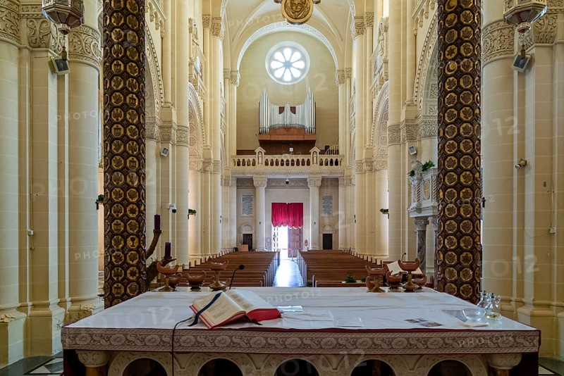 Gharb, Malta, 19 December, 2023: view of the altar and the central nave of the Ta'Pinu Sanctuary on Gozo Island in Malta