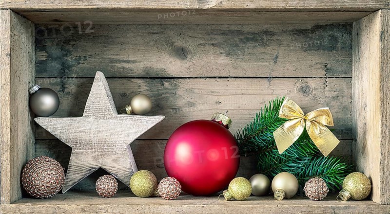 A typical Christmas symbols decoration on a wooden background